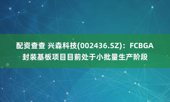 配资查查 兴森科技(002436.SZ)：FCBGA封装基板项目目前处于小批量生产阶段
